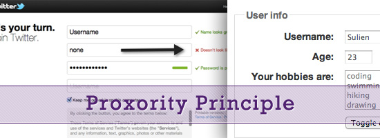 Screenshot of a user interface with a login form on the left indicating an invalid username 'none' and a strong password, and user information on the right for a user named 'Sulien', aged 23, with hobbies including coding, swimming, hiking, and drawing. The term 'Proximity Principle' is prominently displayed across the center.