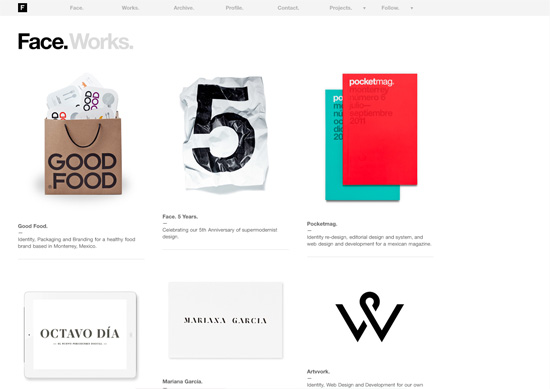 Minimalist portfolio website design example: Face. Works.