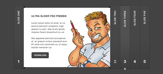 Illustration of a web slider interface with a man holding a stylus and using a smartphone on the first slide, which includes a title 'ULTRA SLIDER PSD FREEBIE' and a download button, alongside tabs for four additional slides.