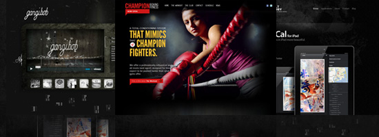 A collage of three website designs: a dark-themed music or entertainment site on the left, a sports-themed site with a woman preparing for boxing in the center, and a minimalist art-themed site displayed on a tablet on the right.