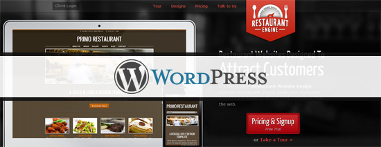 Screenshot of a WordPress theme for a restaurant called PRIMO RESTAURANT, with navigation bar and food images, alongside a RESTAURANT ENGINE badge and Pricing & Signup buttons.