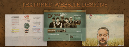 Banner displaying three examples of textured website designs, including a personal portfolio, a band's website, and an artistic representation with a man's face, all emphasizing the tactile visual experience in web design.