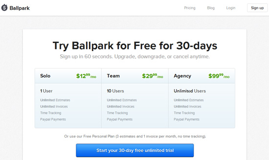 Pricing table example: Ballpark