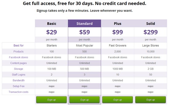 Pricing table example: SolidShops