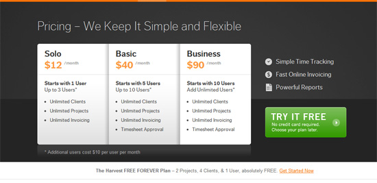 Pricing table example: Harvest