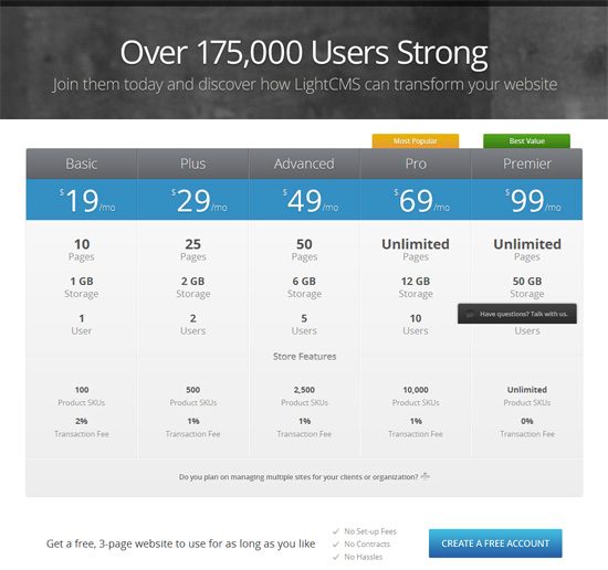 Pricing table example: LightCMS