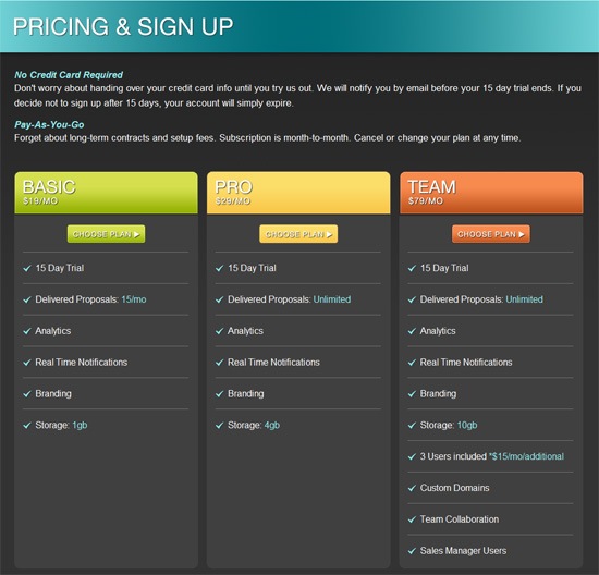 Pricing table example: Proposable