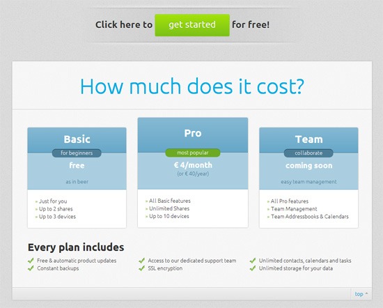 Pricing table example: fruux