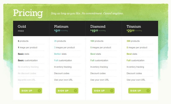 Pricing table example: Big Cartel