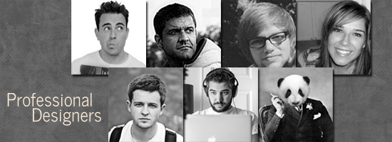 A collage of seven individual portraits of diverse people labeled 'Professional Designers', with one person humorously wearing a panda head mask while using a laptop.