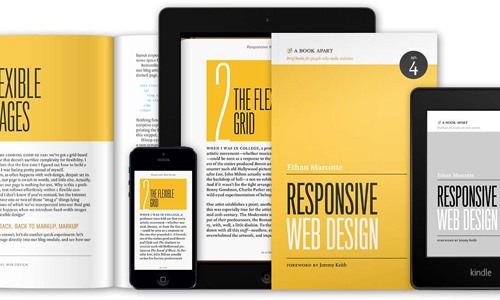Various devices including a smartphone, tablet, and e-reader displaying pages from 'Responsive Web Design' by Ethan Marcotte, demonstrating the book's content adapting to different screen sizes.