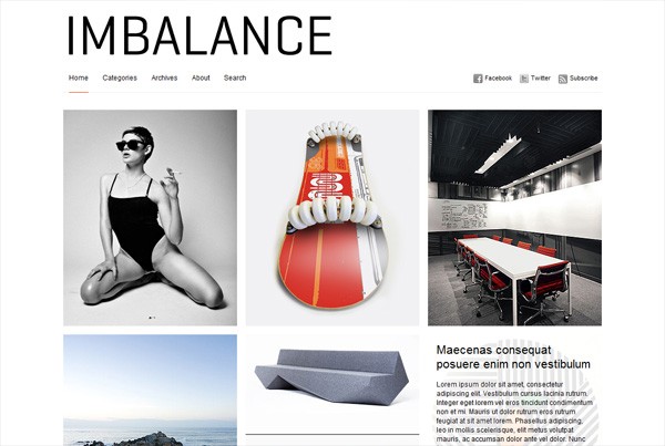 Webpage layout titled 'IMBALANCE' with a monochrome theme, featuring a navigation bar, social media icons, and three images: a woman posing in sunglasses and swimsuit, a Coca-Cola can with a life preserver, and a meeting room with a long table and chairs, accompanied by placeholder text.