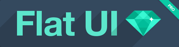 Promotional banner for Flat UI Pro featuring stylized text and a diamond-shaped pro icon on a dark blue gradient background.