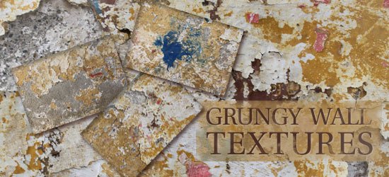 A collage of grungy wall textures with peeling paint in various colors, overlaid with text that reads 'GRUNGY WALL TEXTURES.'