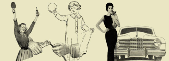 A series of four vintage illustrations featuring, from left to right, a dancing woman with a tambourine, a woman in a vintage dress poised to dance, a woman singing into a microphone, and a classic 1940s or 1950s car.