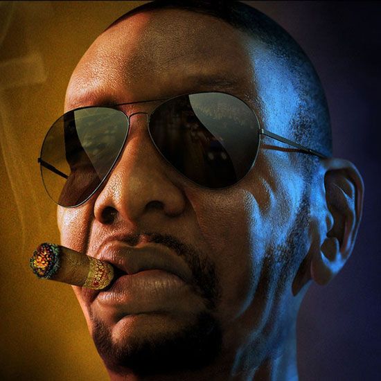 A person with a serious expression wearing aviator sunglasses and smoking a cigar, with a yellow to dark blue gradient background.