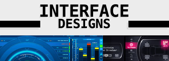 Banner with the title 'INTERFACE DESIGNS' above three examples of graphical user interfaces: a blue circular dashboard, a green and yellow sound mixer, and a pink and black car dashboard.