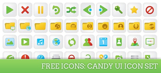 A collection of colorful, glossy user interface icons from the Candy UI Icon Set, featuring various symbols for functions like close, approve, phone, lock, music, and more, arranged in rows on a white background.