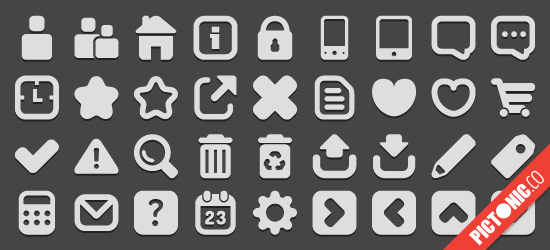 A collection of various monochrome icons representing common interface elements and actions such as user profiles, home, information, mobile phone, chat bubbles, clock, settings, star, cross, heart, warning, search, trash can, upload, download, edit, calculator, checkmark, question mark, calendar, gears, and a redirect arrow, with a 'Pictofigo' watermark at the bottom right.