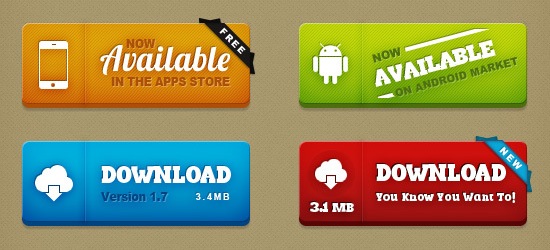 Four promotional download buttons for mobile apps. Top left: Orange 'Now Available in the Apps Store' with phone icon. Top right: Green 'Now Available on Android Market' with Android robot icon. Bottom left: Blue 'Download Version 1.7' with cloud icon and '3.4 MB'. Bottom right: Red 'Download' with paper airplane icon and 'You Know You Want To!' text.