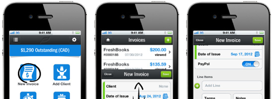 Three iPhones displaying screens from an invoicing app, showing outstanding balance, invoice list, and a new invoice creation screen.