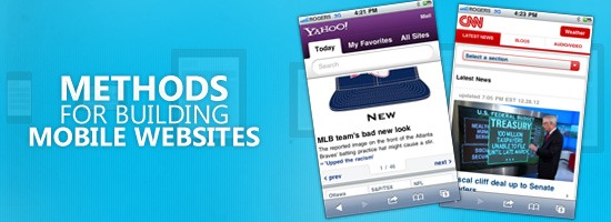 Banner with the title 'METHODS FOR BUILDING MOBILE WEBSITES' above two smartphones displaying Yahoo! and CNN mobile websites.