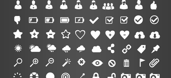 A collection of white user interface icons representing people, communication, devices, media controls, social interactions, weather, navigation, and various objects on a gray background.