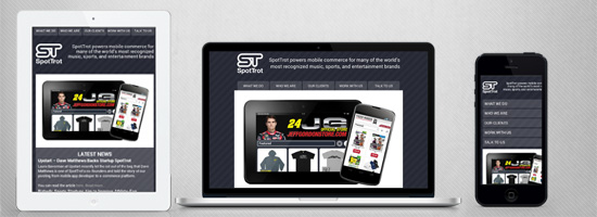 A tablet, laptop, and smartphone displaying the same mobile commerce website for 'Spotlight', a company offering merchandise for music, sports, and entertainment brands.