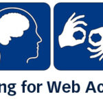 Five blue squares with white pictograms representing wheelchair user, cognitive disability, sign language, and visual impairment, with text 'User Testing for Web Accessibility'.