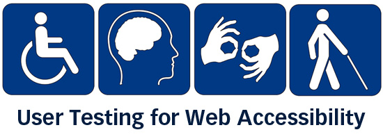 Five blue squares with white pictograms representing wheelchair user, cognitive disability, sign language, and visual impairment, with text 'User Testing for Web Accessibility'.