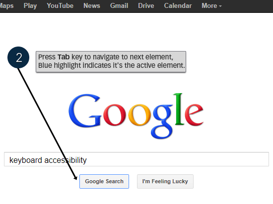 Google search page showing Tab key navigation