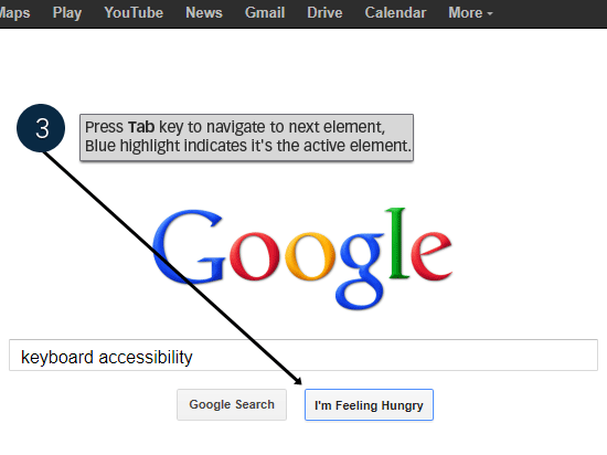 Google search page showing Tab key navigation