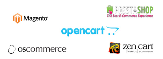 Logos of e-commerce platforms including Magento, osCommerce, PrestaShop, OpenCart, and Zen Cart.