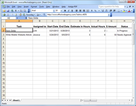 Screenshot of a Microsoft Excel task tracking spreadsheet with columns for task details, assignments, dates, hours, amount, and status, showing two tasks with their respective information.