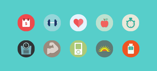 Icons representing health and fitness concepts, including a calendar, dumbbells, heart, apple, stopwatch, ID badge, muscular arm, music player, sunrise, and pill bottle on a teal background.