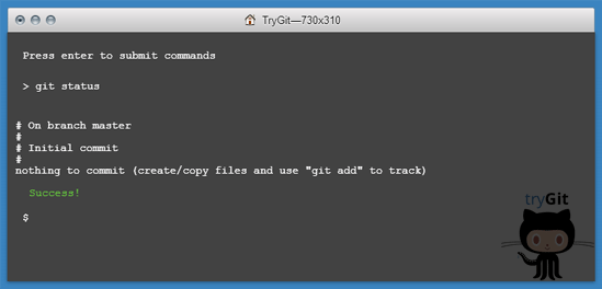 Screenshot of a Git command line interface with a 'git status' command showing the master branch at initial commit with nothing to commit, and a cartoon cat mascot in the corner indicating a successful Git tutorial session.