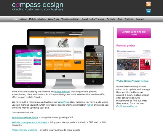 Screenshot of Compass Design's responsive website displayed on a desktop, laptop, tablet, and smartphone, highlighting their web design services and featured projects.