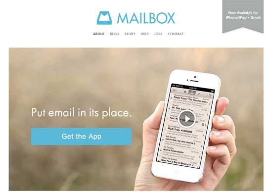 A hand holding an iPhone with the Mailbox app on the screen, a 'Get the App' button, and the Mailbox logo at the top, with text indicating availability for iPhone, iPad, and Gmail.