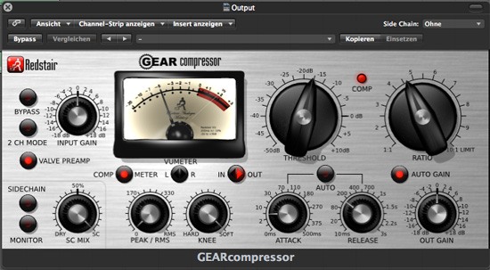 Digital audio compressor plugin interface with knobs for input gain, threshold, ratio, attack, release, knee, and make-up gain, a VU meter, and buttons for various compression settings.