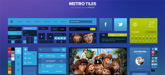 Screenshot of a Metro-style web interface design with colorful tiles for social media, weather, and navigation, including a large tile with animated movie characters.