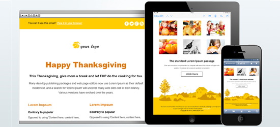 Responsive website design preview on a desktop, tablet, and smartphone showing a Thanksgiving theme with placeholder content and images.