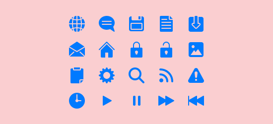 A collection of blue web and interface icons on a pink background, including symbols for internet, communication, saving, downloading, email, home, security, user profile, settings, search, connectivity, notifications, time, and media controls.