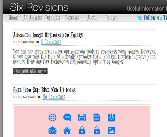 Screenshot of the Six Revisions website featuring an article titled 'Advanced Image Optimization Tricks' and a section with 'Free Icon Set: Blue Web UI Icons' including a row of blue web icons.