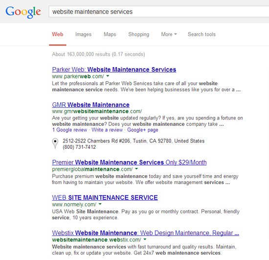 Screenshot of Google search results for 'website maintenance services' showing listings for various service providers.