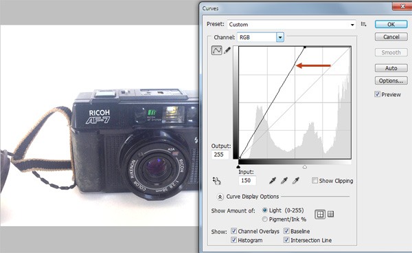 Curves adjustment to remove dark background areas