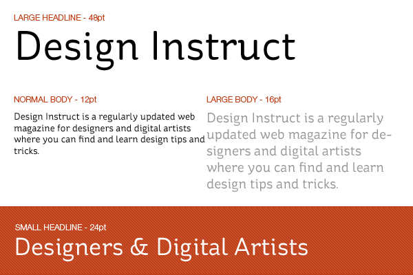 Typography layout sample showing various text sizes and styles for a web magazine called Design Instruct, including a large headline, normal and large body text, and a small headline.