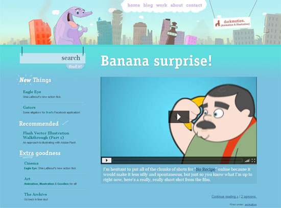 Screenshot of a colorful website with a navigation bar, a search bar, and a domain 'darkmotion.com'. The main content features a heading 'Banana surprise!' above an embedded video player showing a cartoon man looking at a banana. A sidebar lists sections with links and descriptions, and a stylized cityscape with a purple dinosaur character is in the background. The beginning of a blog post is visible at the bottom.