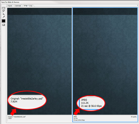 Save for Web & Devices optimization allows you to compare compression sizes