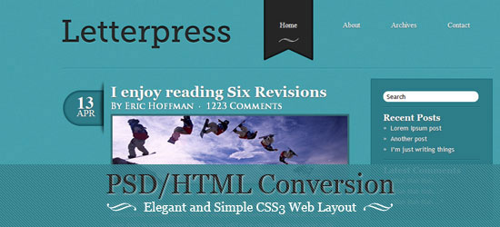 Screenshot of a web page layout with a teal background, featuring a navigation bar, a blog post preview by Eric Hoffman, a large heading for PSD/HTML Conversion, and a sidebar with a search bar and recent posts list.