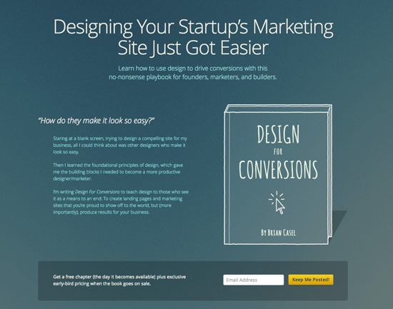 Webpage promoting 'Design for Conversions' book with a headline about making startup marketing site design easier, a quote questioning design simplicity, a brief author's note, and a call to action for a free chapter with an email sign-up form.